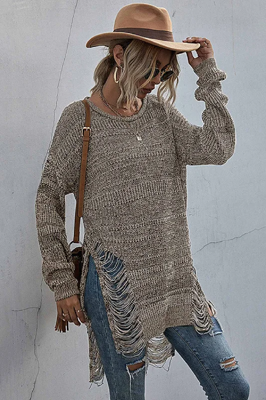 Patterned Men's Fair Isle SweatersCrew Neck Split Hollow Out Tassel Sweater