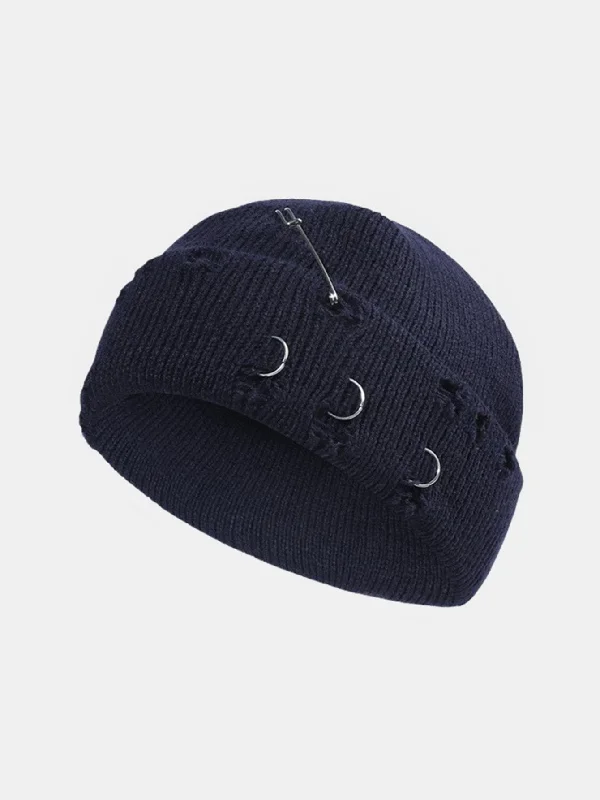 Protective Hard HatsStreet Hip-hop With Perforated Iron Ring Pin Knit Hat
