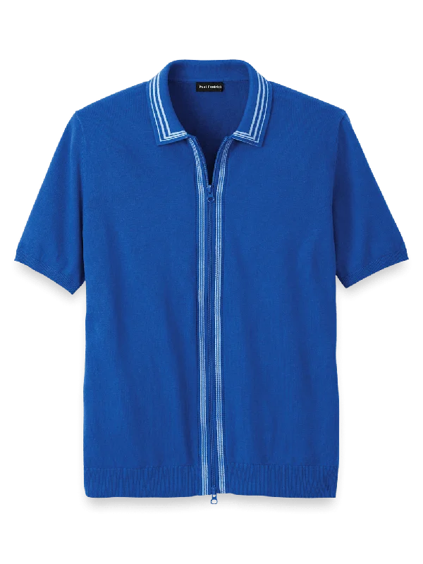 Men's Shirts with Graphic SleevesCotton Full Zip Polo - Blue