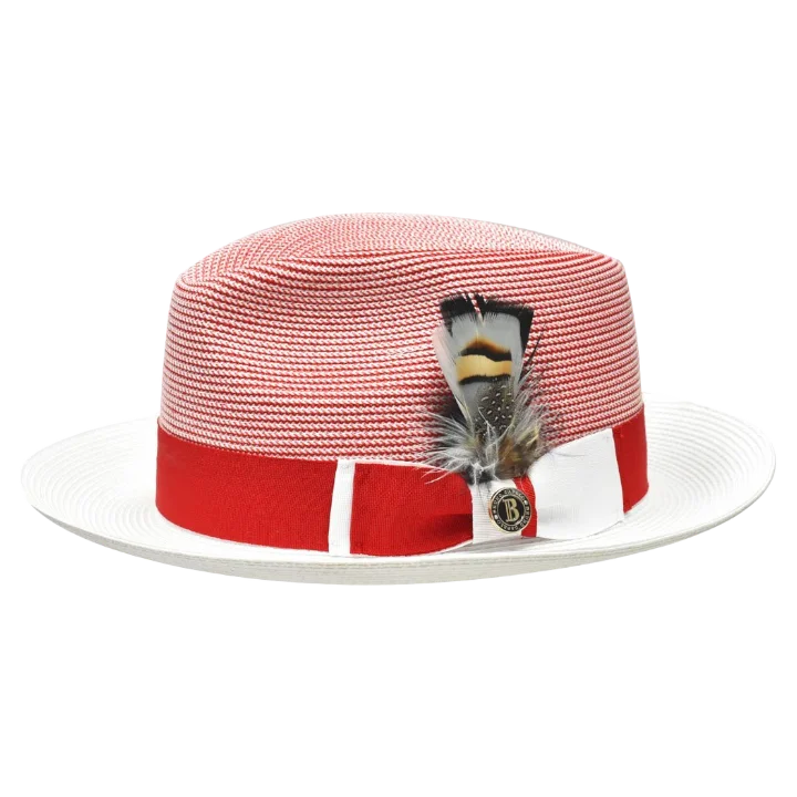 Designer Trucker HatsMen's Red and White Georgio Collection 2-Tone Straw Fedora Hat by Bruno Capelo Designer Trucker HatsMen's Red and White Georgio Collection 2-Tone Straw Fedora Hat by Bruno Capelo
