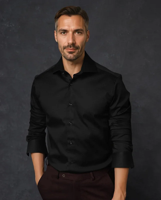 Men's Polo Shirts for Sports and Casual WearRare Rabbit Men's Rona Black Cotton Fabric Full Sleeves Solid Shirt