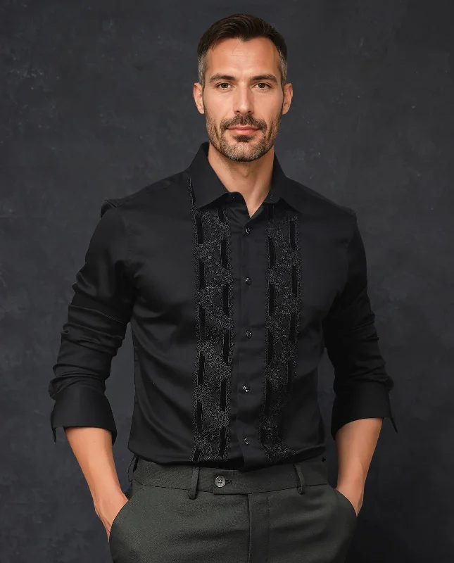Men's Layering Shirts for Seasonal TransitionsRare Rabbit Men's Ciro Black Cotton Fabric Embroidered Lace Detail Full Sleeves Shirt Men's Layering Shirts for Seasonal TransitionsRare Rabbit Men's Ciro Black Cotton Fabric Embroidered Lace Detail Full Sleeves Shirt