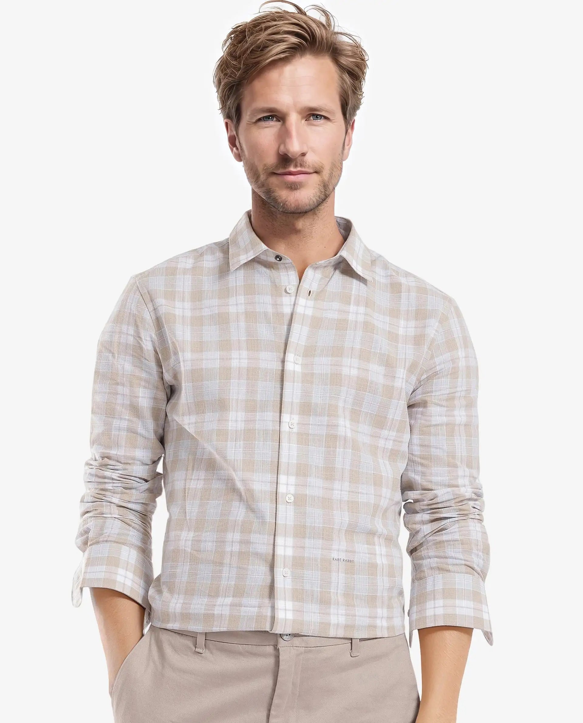 Men's Polo Shirts for Sports and Casual WearRare Rabbit Men's Tratin Dusky Beige Cotton Fabric Full Sleeve Regular Fit Checks Shirt