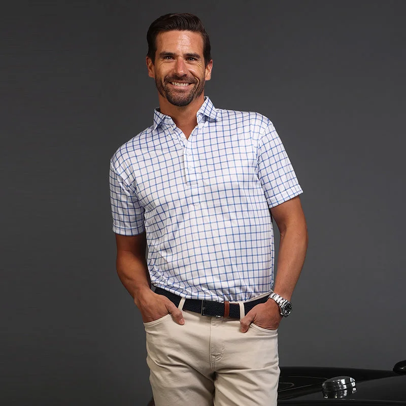 Men's Shirts with Embellished SleevesSemi-Spread Collar Polo Blue Grid Check