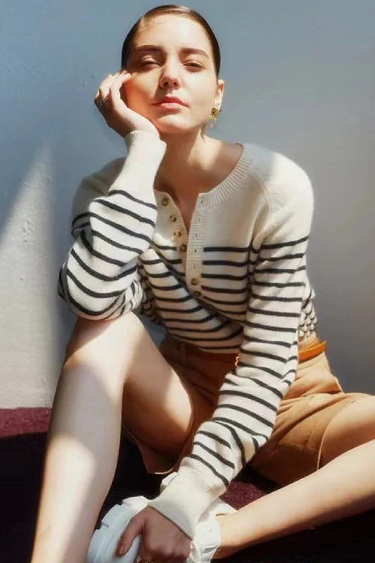 Men's Sweaters with BeadsCrew Neck Button-Front Striped Sweater