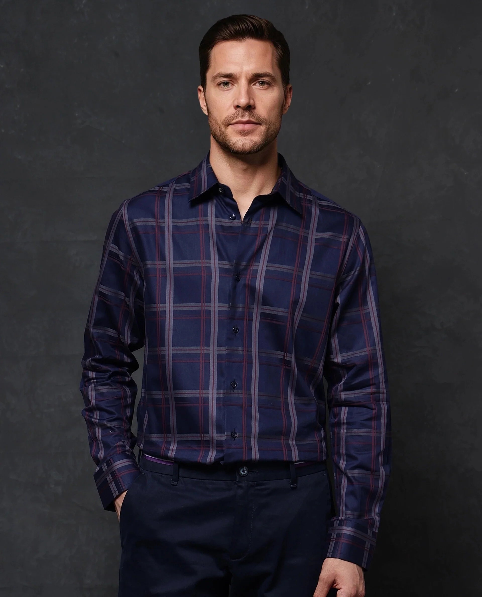 Layered Men's Henley ShirtsRare Rabbit Men Cott Navy Cotton Fabric Full Sleeve Collared Neck Button Closure Regular Fit Checks Shirt Layered Men's Henley ShirtsRare Rabbit Men Cott Navy Cotton Fabric Full Sleeve Collared Neck Button Closure Regular Fit Checks Shirt