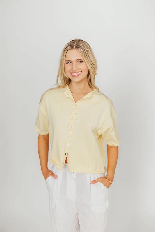 Men's Sweaters with Pleated DesignsEmeryn 100% Cotton Short Sleeve Knit Cardigan in Butter