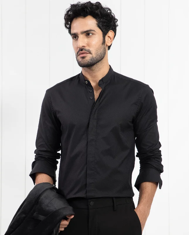 Men's Versatile Dress Shirts for Multiple OccasionsRare Rabbit Men's Pristina Black Cotton Fabric Mandarin Collar Full Sleeves Solid Shirt Men's Versatile Dress Shirts for Multiple OccasionsRare Rabbit Men's Pristina Black Cotton Fabric Mandarin Collar Full Sleeves Solid Shirt