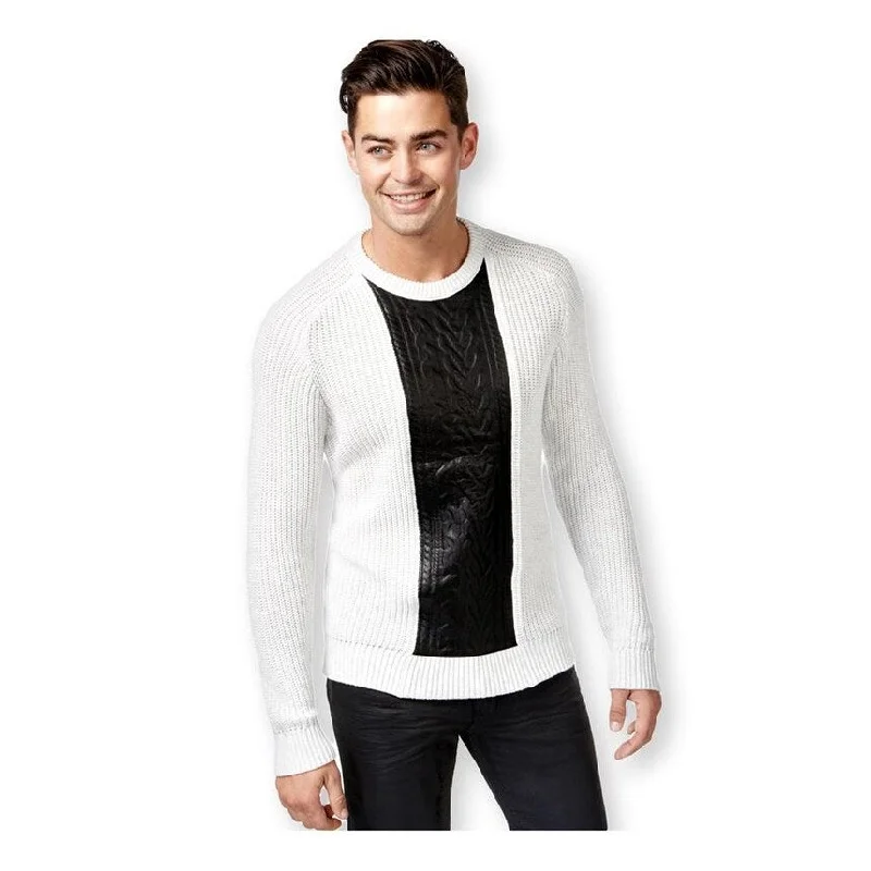 Men's Sweaters with Embroidered DesignsI-N-C Mens Faux Leather Cable Knit Pullover Sweater
