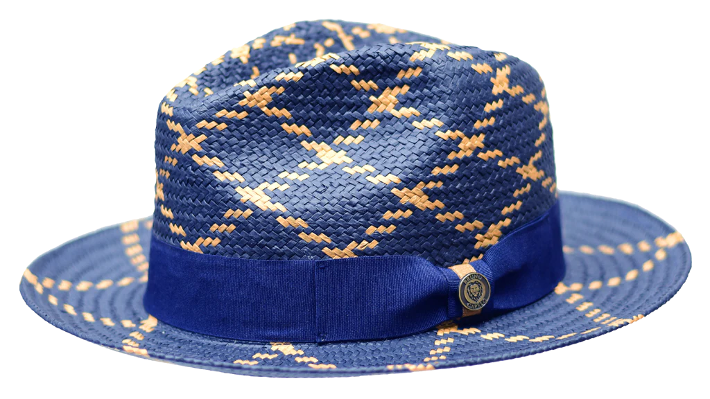 Casual Fedora Hats for MenNavy Blue/Cognac Bruno Cpelo Men's Summer Hat Malibu Straw Fedora Hat Hand-Dyed Snap Brim