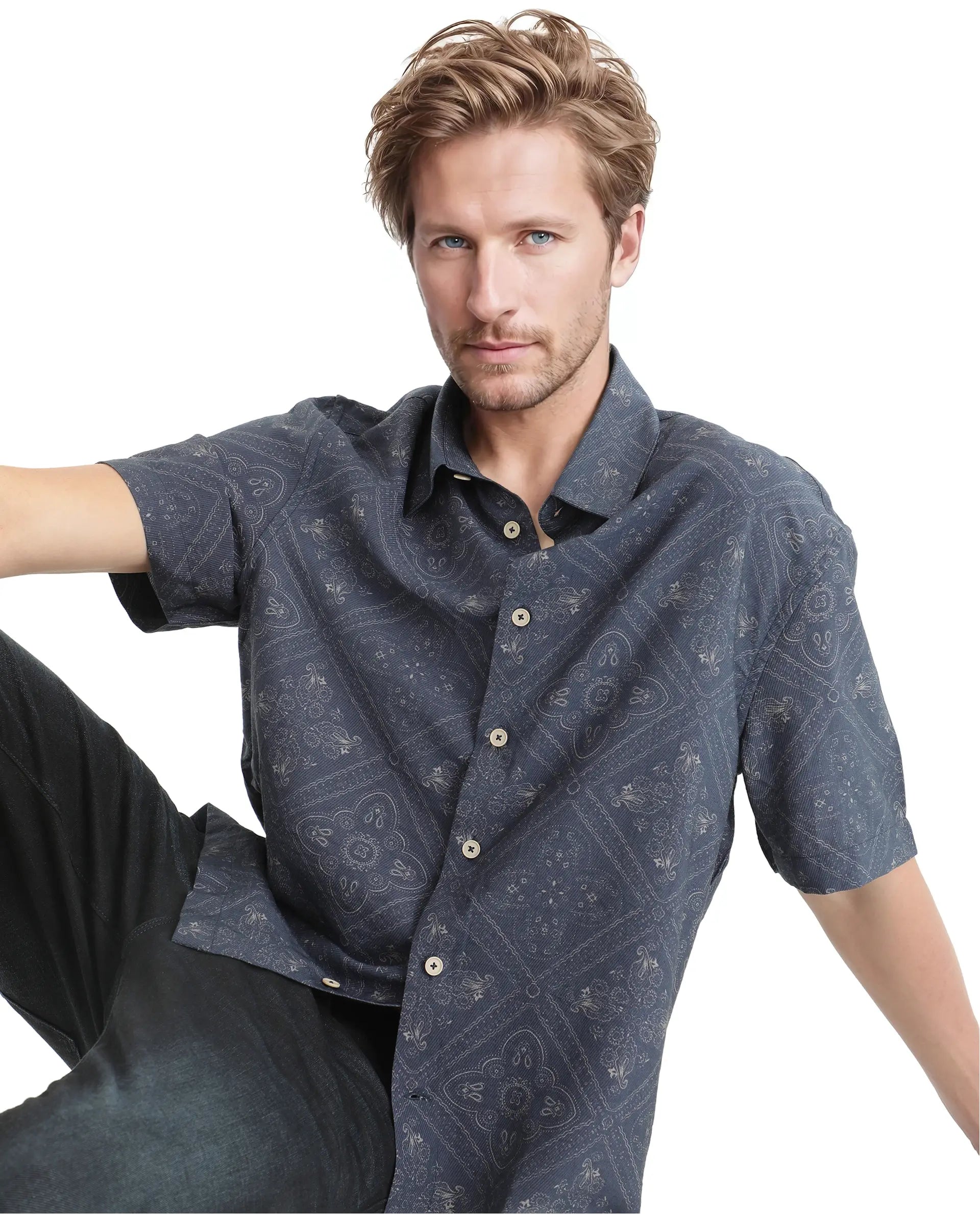 Men's Scoop Neck T-Shirts for a Relaxed FeelRare Rabbit Men's Dorm Navy Cotton Fabric Short Sleeve Collared Neck Button Closure Printed Shirt Men's Scoop Neck T-Shirts for a Relaxed FeelRare Rabbit Men's Dorm Navy Cotton Fabric Short Sleeve Collared Neck Button Closure Printed Shirt