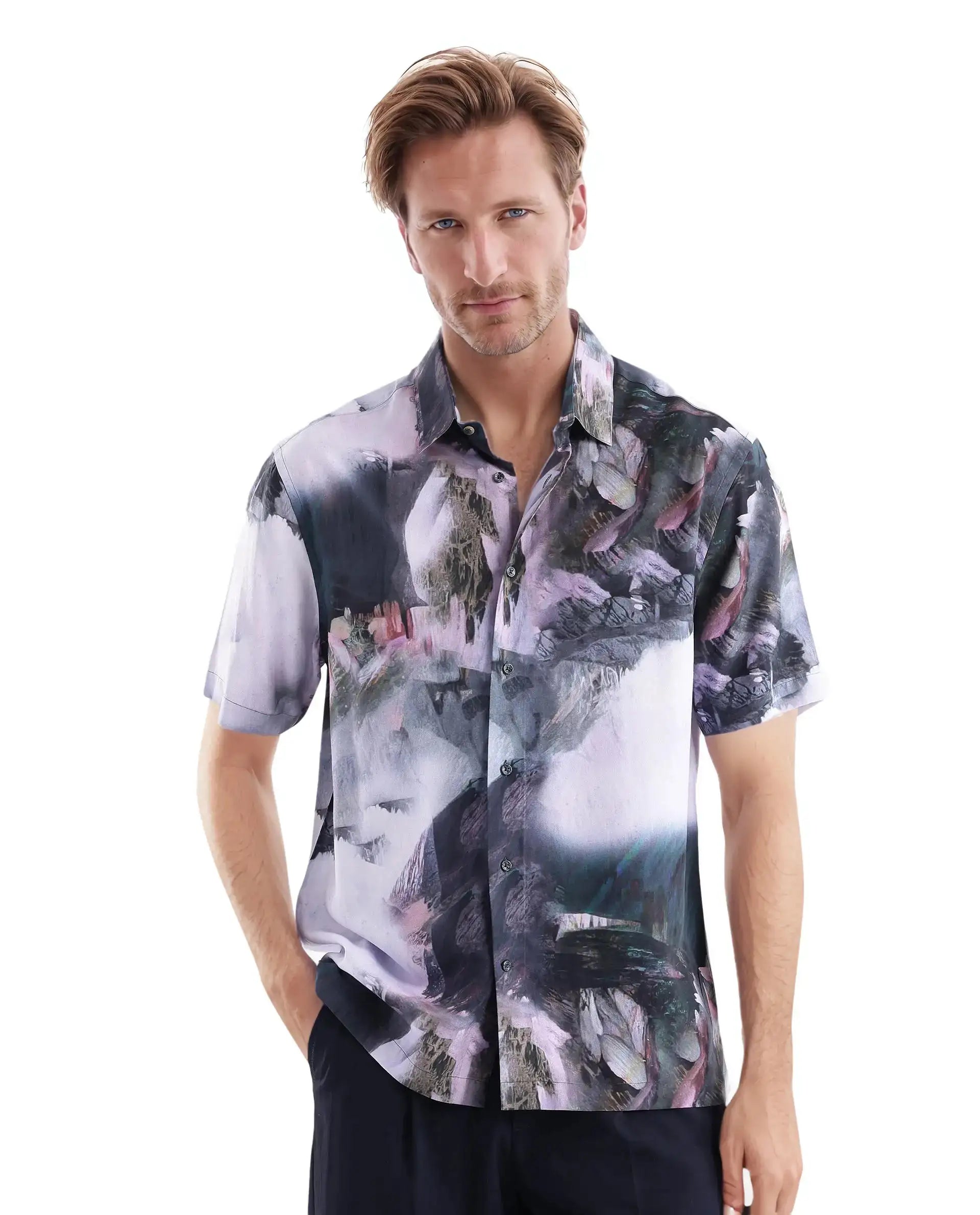 Men's Machine-Washable Shirts for ConvenienceRare Rabbit Men Painter Purple Cotton Fabric Full Sleeve Collared Neck Button Closure Slim Fit Printed Shirt Men's Machine-Washable Shirts for ConvenienceRare Rabbit Men Painter Purple Cotton Fabric Full Sleeve Collared Neck Button Closure Slim Fit Printed Shirt