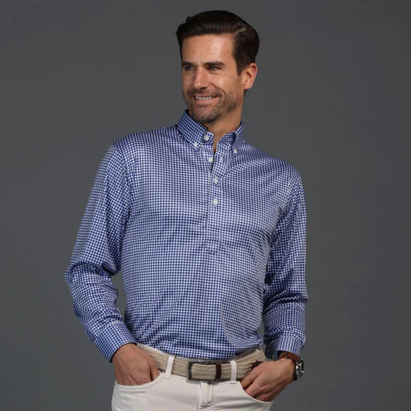 Men's Shirts with Scoop NecksOxford Button Down Collar Polo Long Sleeve Blue Gingham