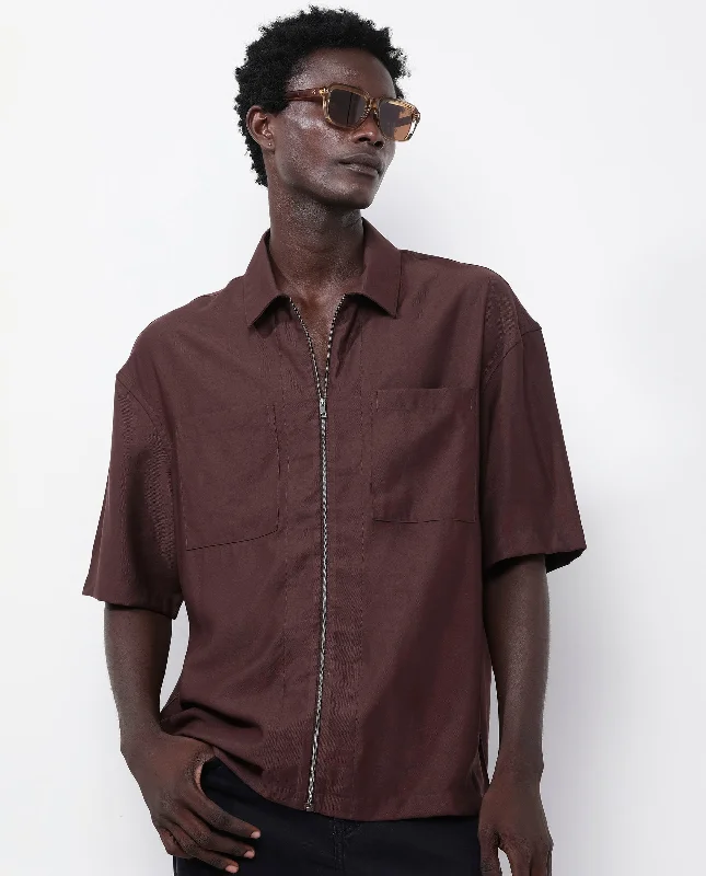 Men's Pattern Mixing Shirts for Creative StyleRare Rabbit Articale Men's Kai Dark Brown Viscose Nylon Fabric Short Sleeve Zip Closure Boxy Fit Solid Shirt Men's Pattern Mixing Shirts for Creative StyleRare Rabbit Articale Men's Kai Dark Brown Viscose Nylon Fabric Short Sleeve Zip Closure Boxy Fit Solid Shirt