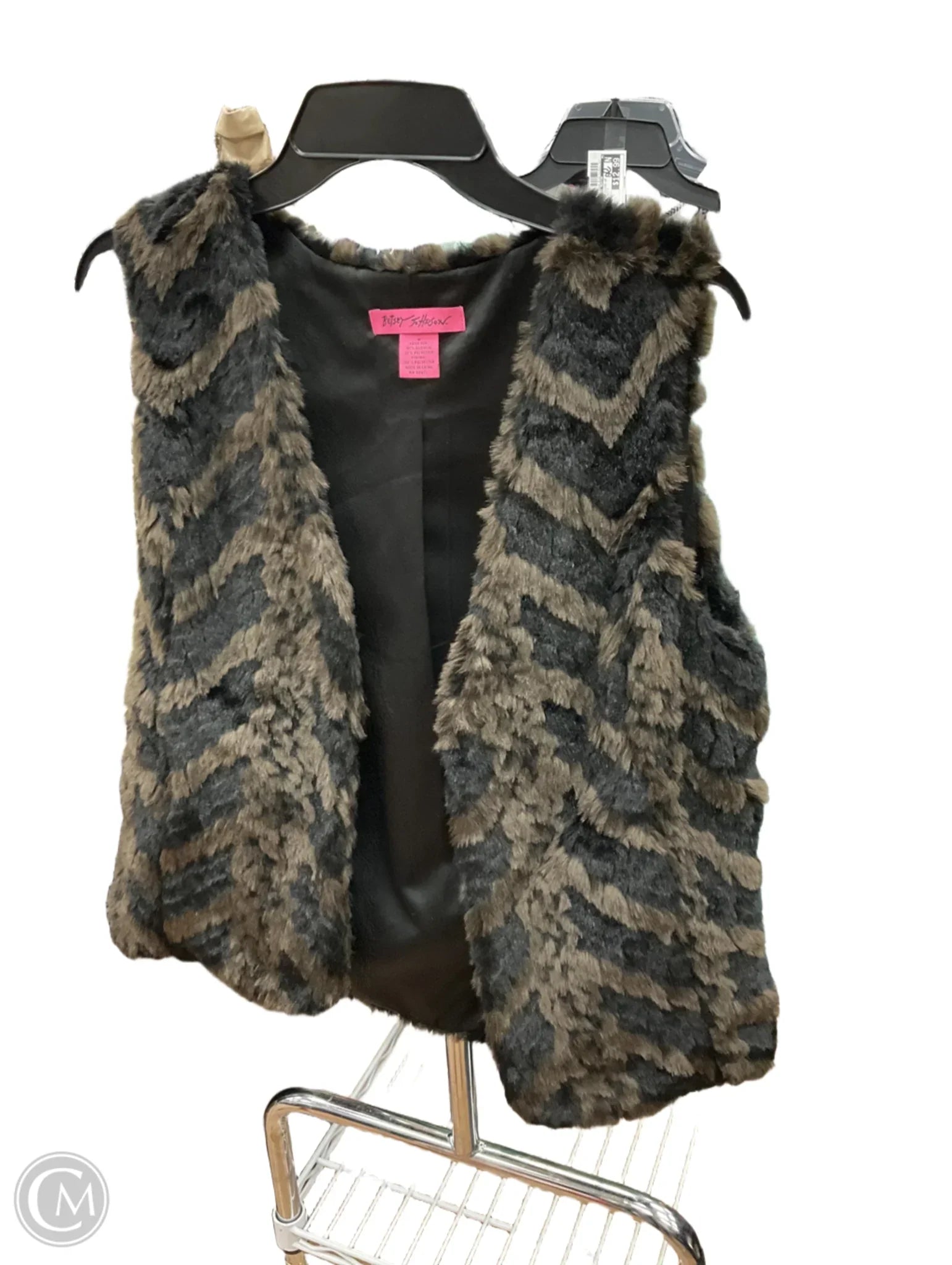 Men's Coats Made in the USAVest Faux Fur & Sherpa By Betsey Johnson In Black & Brown, Size: M