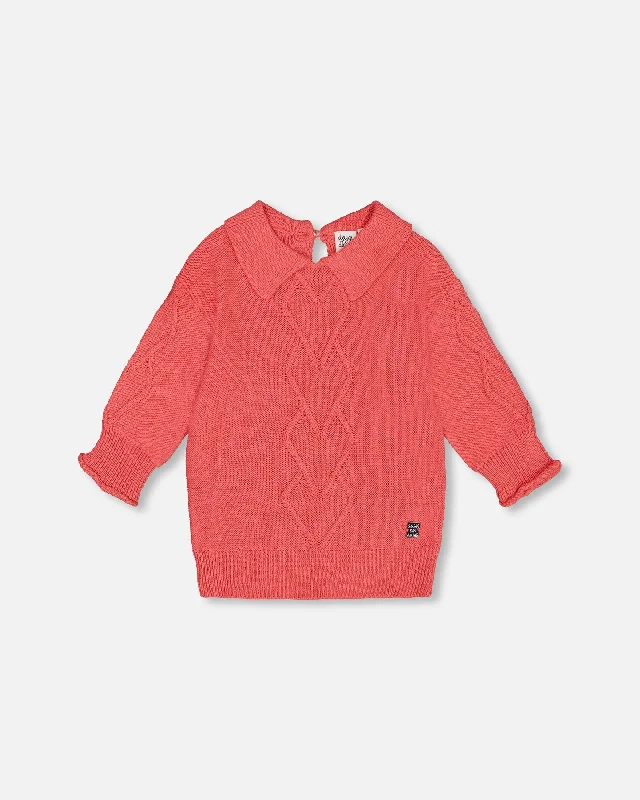 Men's Sweaters with Pockets and Zippers3/4 Knit Sweater With Collar Coral