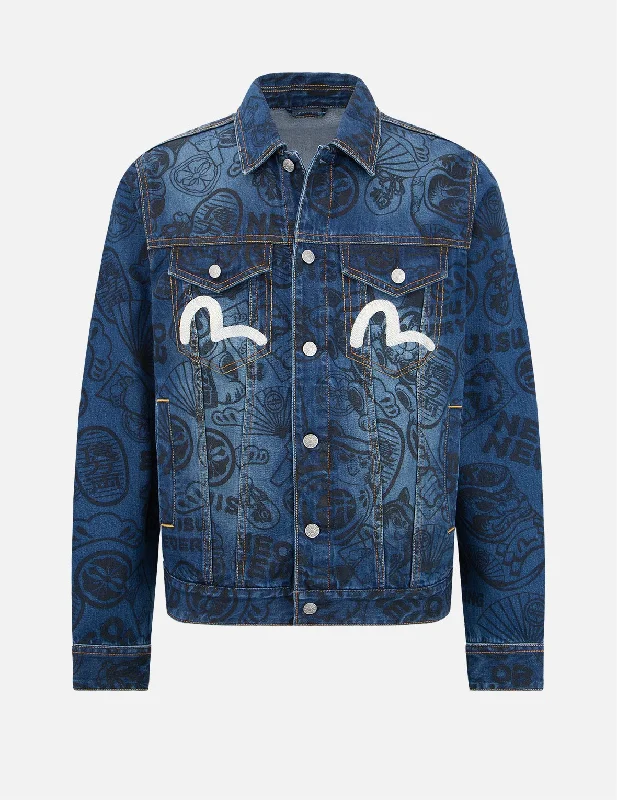 Men's Coats for WorkAllover EVISU Squad Discharge-Print Denim Jacket