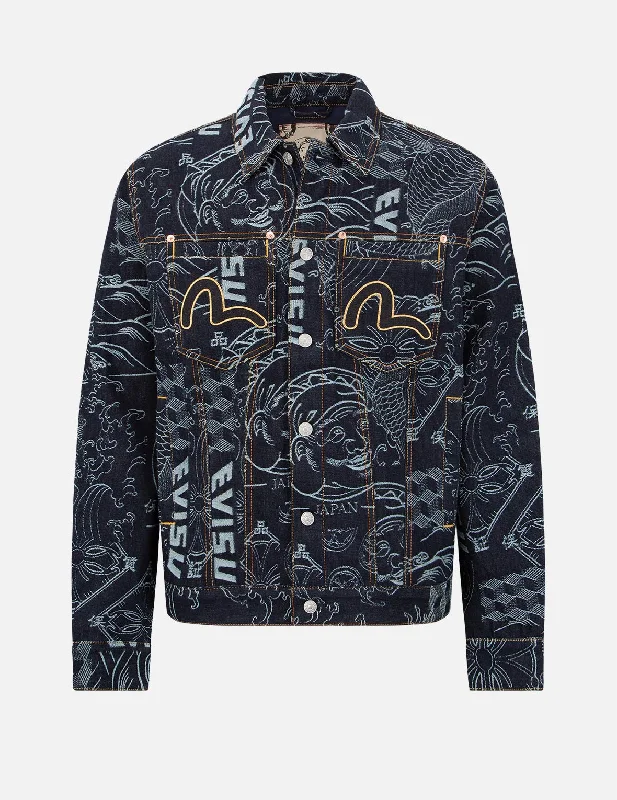 Men's Coats with Water-Repellent FabricAllover Japanese Pattern Jacquard Denim Jacket Men's Coats with Water-Repellent FabricAllover Japanese Pattern Jacquard Denim Jacket