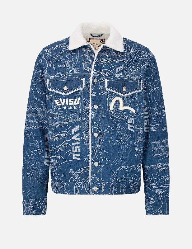 Men's Coats for All SeasonsAllover Japanese Pattern Jacquard Sherpa-Lined Denim Jacket Men's Coats for All SeasonsAllover Japanese Pattern Jacquard Sherpa-Lined Denim Jacket