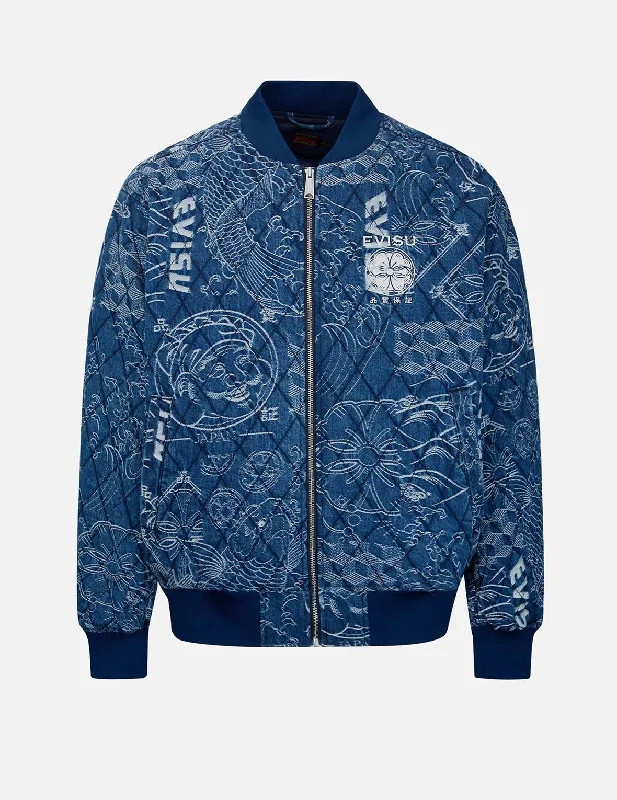 Versatile Men's Pea CoatsAllover Japanese-Pattern Jacquard Quilted Bomber Jacket