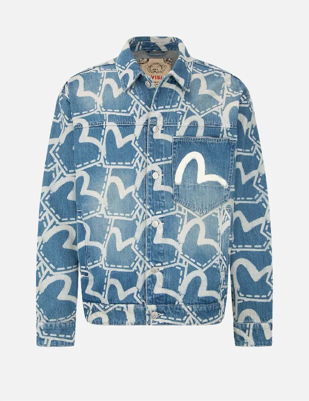 Practical Men's RaincoatsAllover Pocket Graphic Discharged Print Denim Jacket