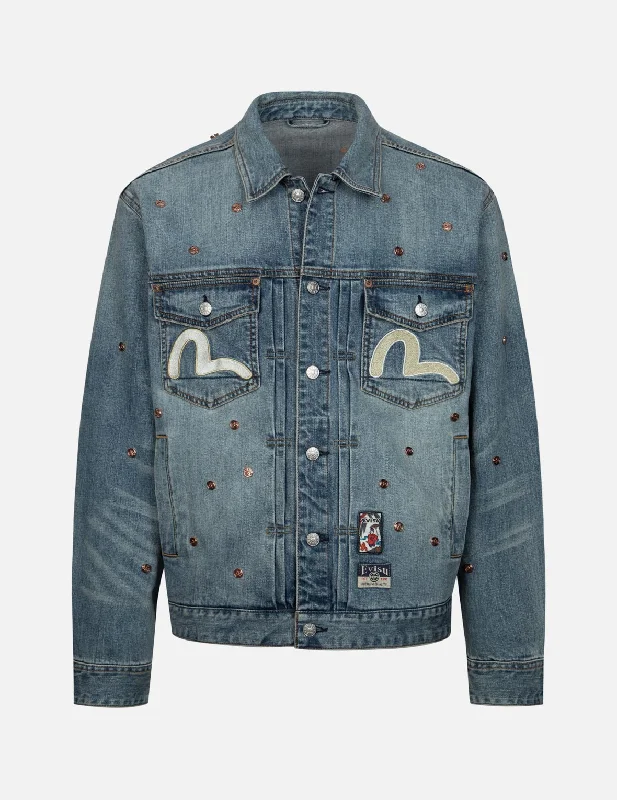 Men's Coats with Reflective StripesAllover Rivets and Seagull Applique Relax Fit Denim Jacket Men's Coats with Reflective StripesAllover Rivets and Seagull Applique Relax Fit Denim Jacket