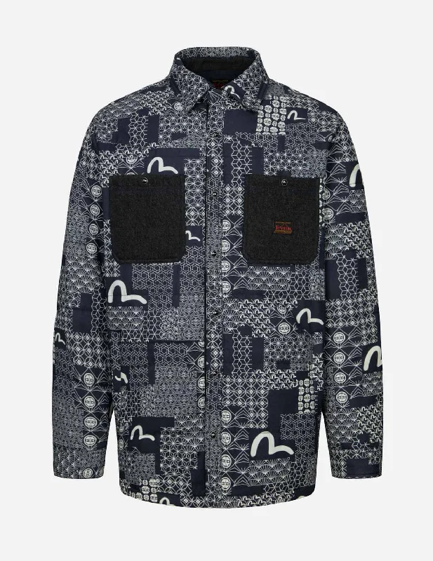 Men's Coats for Everyday WearAllover Seagull and Kamon Print Loose Fit Padded Shirt Jacket Men's Coats for Everyday WearAllover Seagull and Kamon Print Loose Fit Padded Shirt Jacket