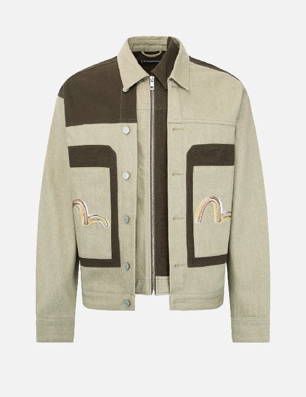 Men's Coats with Velcro ClosuresBrush Effect Seagull Print Colorblock Denim Jacket