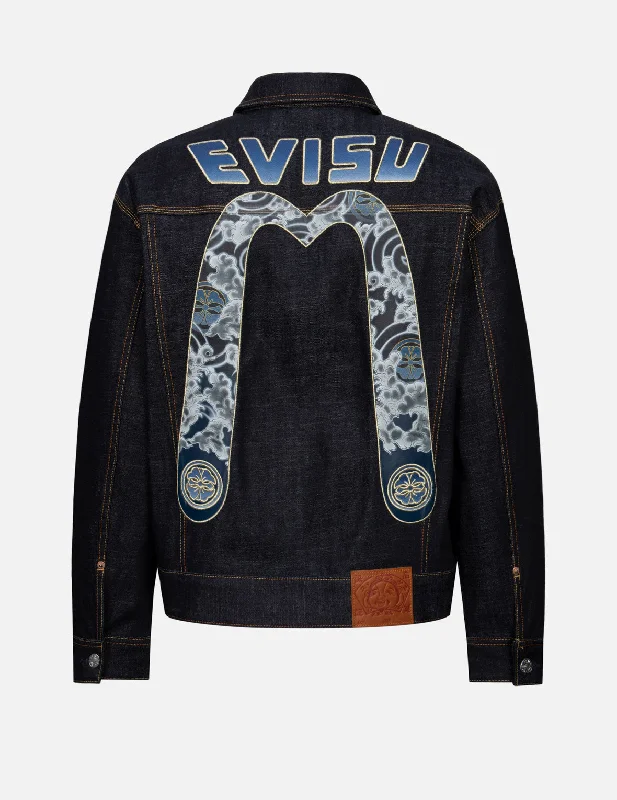 Men's Coats for Winter CampingCloud and Kamon-pattern Daicock Print Loose Fit Denim Jacket Men's Coats for Winter CampingCloud and Kamon-pattern Daicock Print Loose Fit Denim Jacket