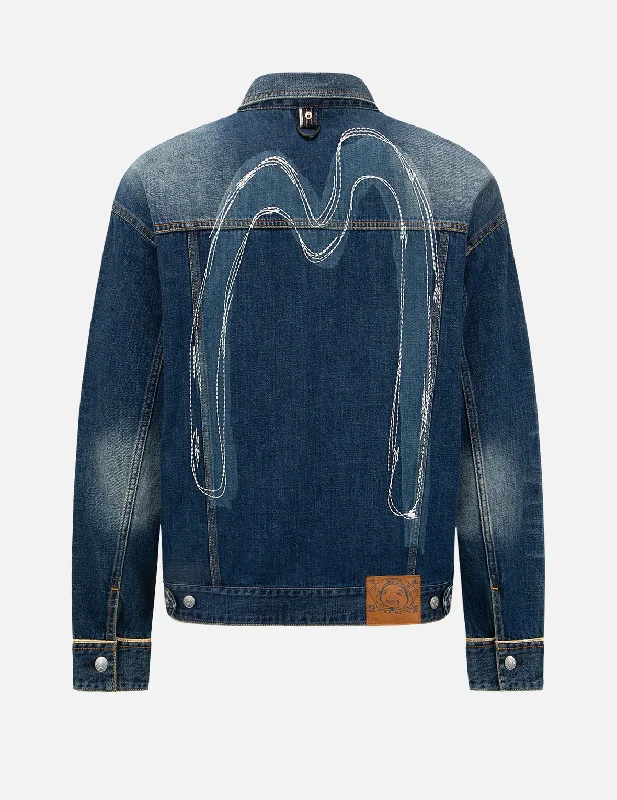Fashionable Men's Denim JacketsDaicock Discharged Print and Stitching Denim Jacket Fashionable Men's Denim JacketsDaicock Discharged Print and Stitching Denim Jacket