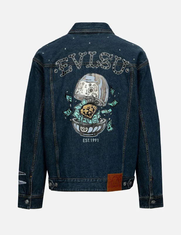 Men's Coats for Winter SportsDiamond Daruma and Seagull Print Loose Fit Denim Jacket Men's Coats for Winter SportsDiamond Daruma and Seagull Print Loose Fit Denim Jacket