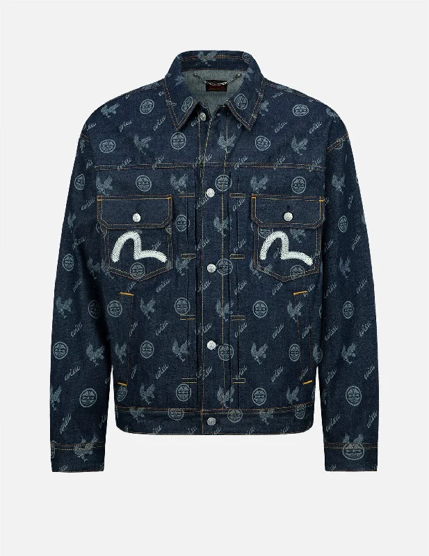 Men's Coats for Tall MenEagle and Kamon Allover Discharged Print Denim Jacket