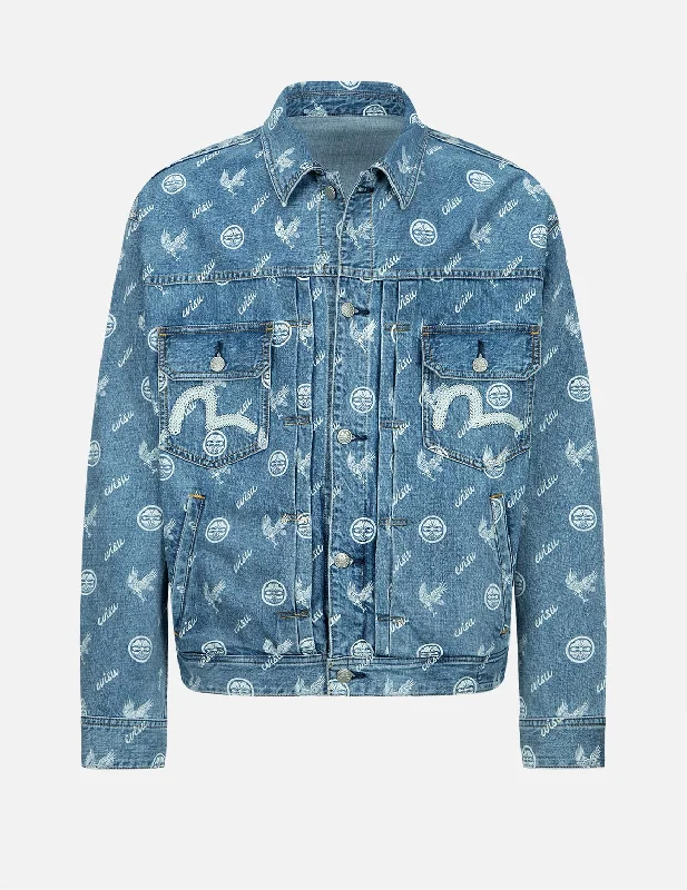 Men's Coats without LiningEagle and Kamon Allover Discharged Print Denim Jacket