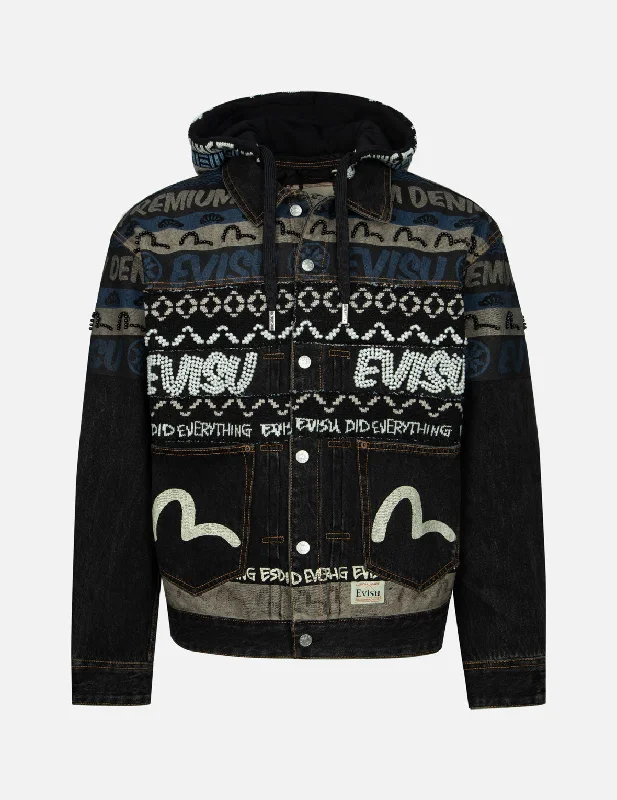 Unique Men's Flight JacketsFair Isle Pattern with Peral Stud Knitted Panel Loose Fit Hooded Denim Jacket Unique Men's Flight JacketsFair Isle Pattern with Peral Stud Knitted Panel Loose Fit Hooded Denim Jacket