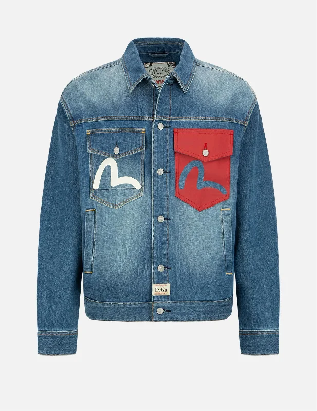 Men's Coats with Fur TrimFortune Cat and Daruma Embroidery Denim Jacket