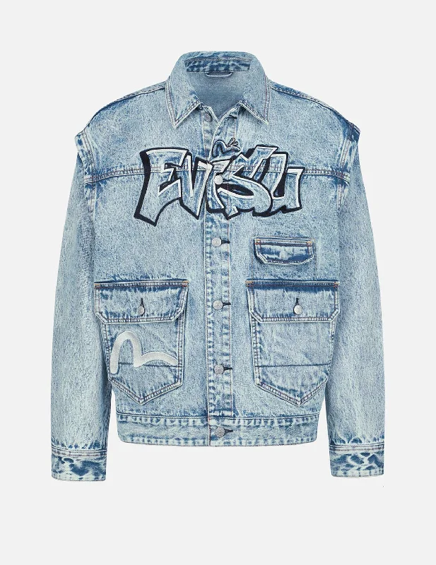 Men's Coats with Snap ButtonsGraffiti Logo Embroidery Denim Jacket with Detachable Sleeves Men's Coats with Snap ButtonsGraffiti Logo Embroidery Denim Jacket with Detachable Sleeves