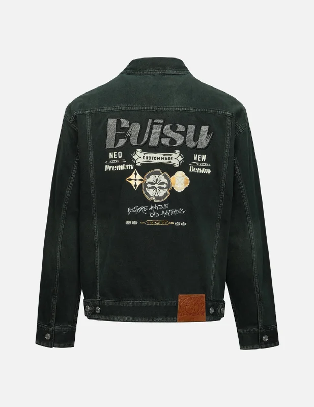 Luxurious Men's Cashmere CoatsGreen Tone Washed Effect with Logo Embroidery Loose Fit Denim Jacket Luxurious Men's Cashmere CoatsGreen Tone Washed Effect with Logo Embroidery Loose Fit Denim Jacket