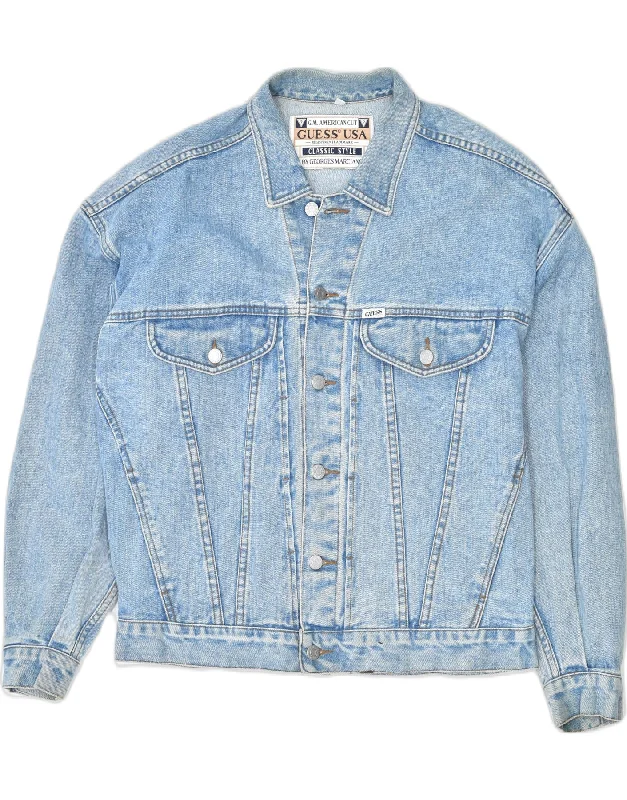 Men's Coats with HoodsGUESS Mens USA Distressed Denim Jacket Medium Blue Cotton 90s