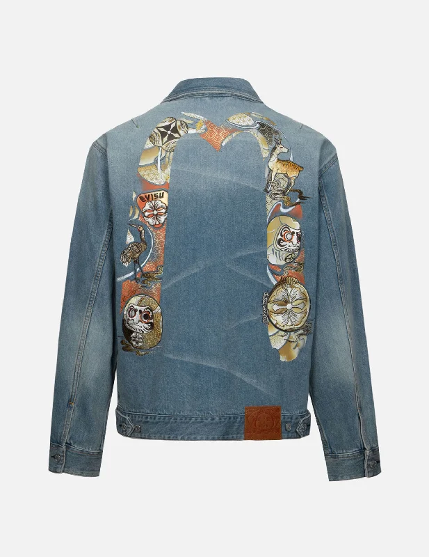 Classic Men's Trench CoatsHanafuda Daruma Daicock Embroidery Relax Fit Denim Jacket Classic Men's Trench CoatsHanafuda Daruma Daicock Embroidery Relax Fit Denim Jacket