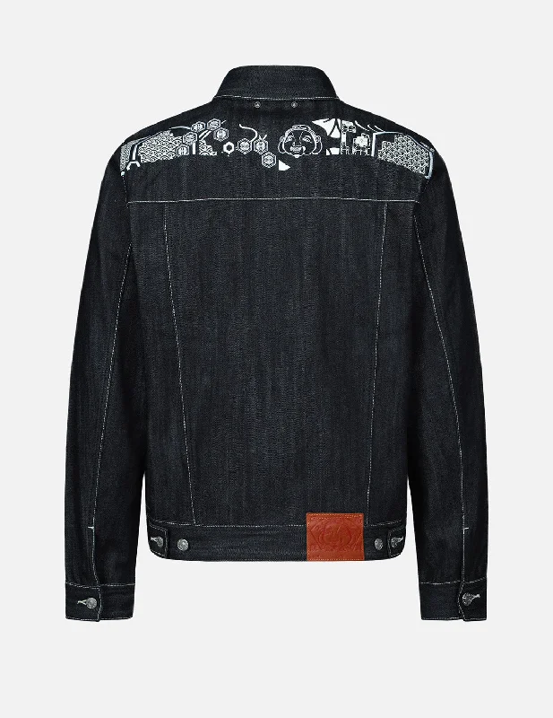 Men's Coats with Fur TrimJapanese Patten Seagull Print and Embroidery Denim Jacket