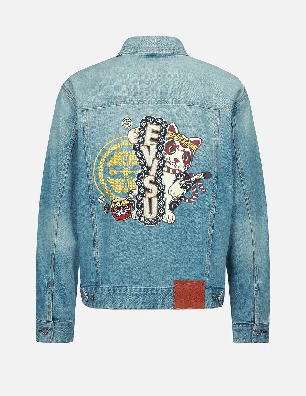 Men's Coats with LiningKamon and Fortune Cat Embroidery Denim Jacket