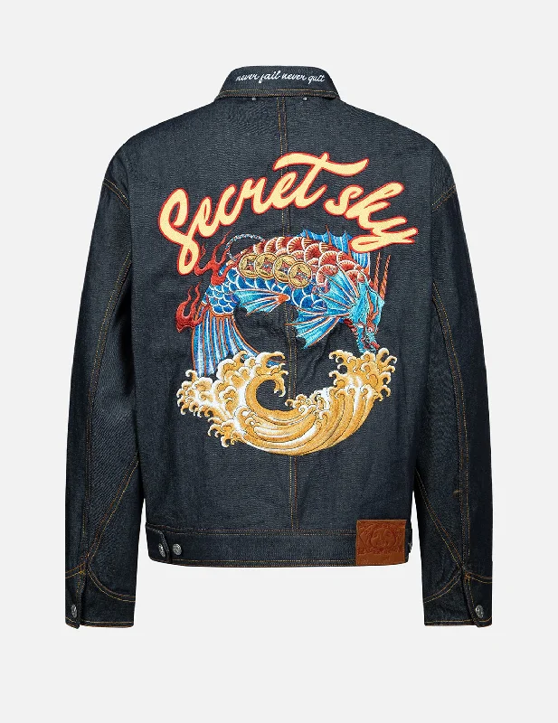 Men's Coats with Fur TrimKoi Playing In Waves" Embroidery Denim Jacket