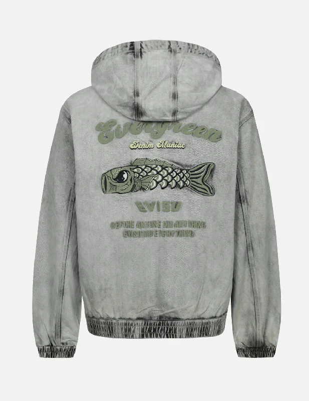 Men's Coats with Embroidered DetailsKoinobori and Seagull Embroidery Loose Fit Hooded Denim Jacket Men's Coats with Embroidered DetailsKoinobori and Seagull Embroidery Loose Fit Hooded Denim Jacket