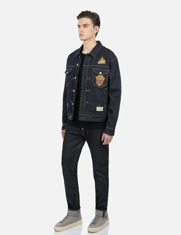Men's Coats with Chest PocketsMilitary Style Godhead Appliqué Denim Jacket