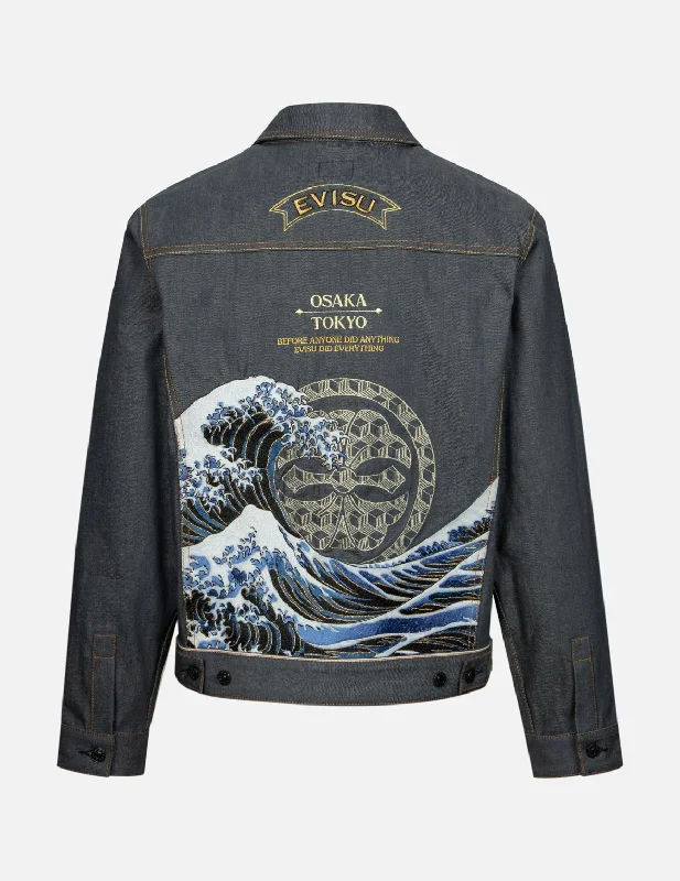 Men's Coats with HoodsSeagull and The Great Wave Embroidery Regular Fit Denim Jacket Men's Coats with HoodsSeagull and The Great Wave Embroidery Regular Fit Denim Jacket