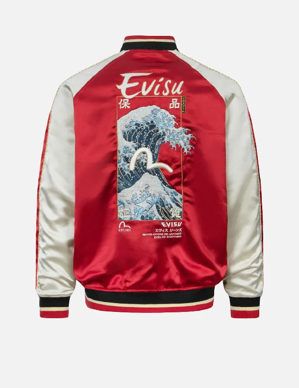 Men's Coats with Military InfluenceSeagull and The Great Wave Embroidery Reversible Loose Fit Souvenir Jacket Men's Coats with Military InfluenceSeagull and The Great Wave Embroidery Reversible Loose Fit Souvenir Jacket