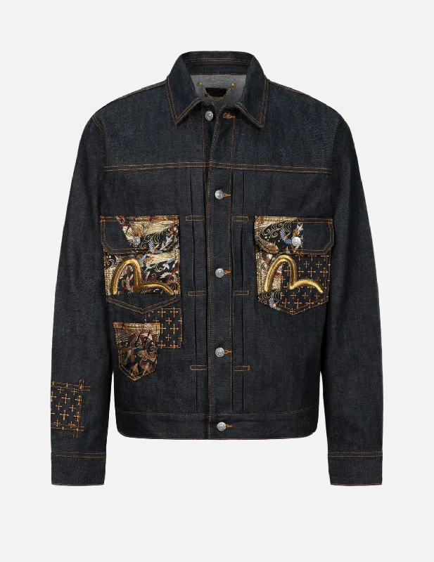 Men's Coats for SnowshoeingSeagull Embroidery and Brocade Pocket Relax Fit Denim Jacket