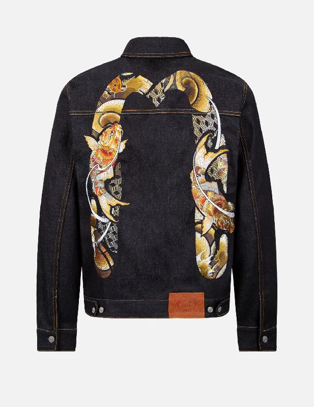 Classic Men's Trench CoatsTattoo Koi Daicock Embroidery Denim Jacket