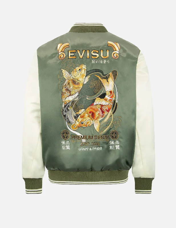 Men's Coats with Contrast StitchingTattoo Koi Embroidery Padded Bomber Jacket