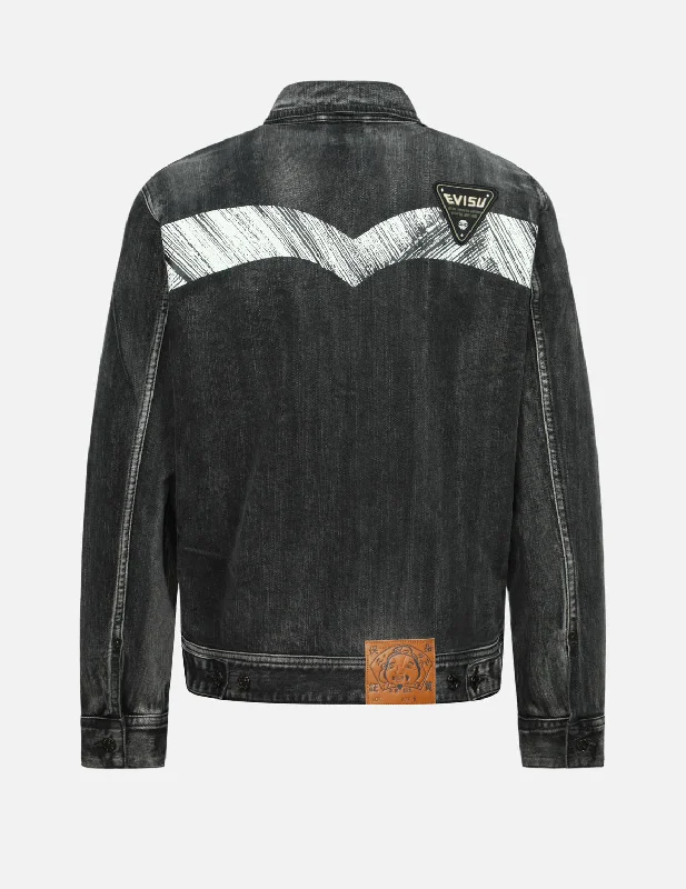 Men's Coats with Breathable FabricWashed Multiple Badges and Brushstroke Daicock Print Relax Fit Denim Jacket